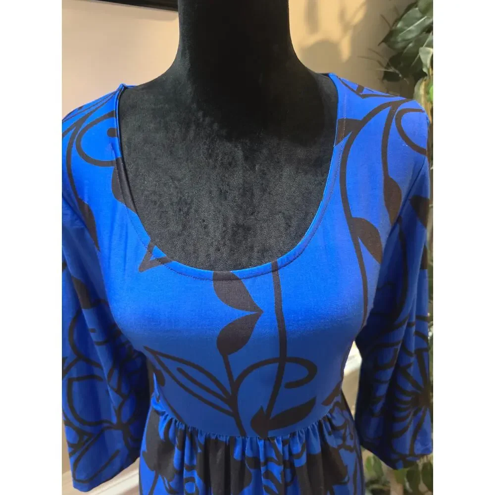 R&B Collection Midi Dress Women's 1X Blue Floral Casual Loose Fit Long Sleeves - Picture 3 of 11